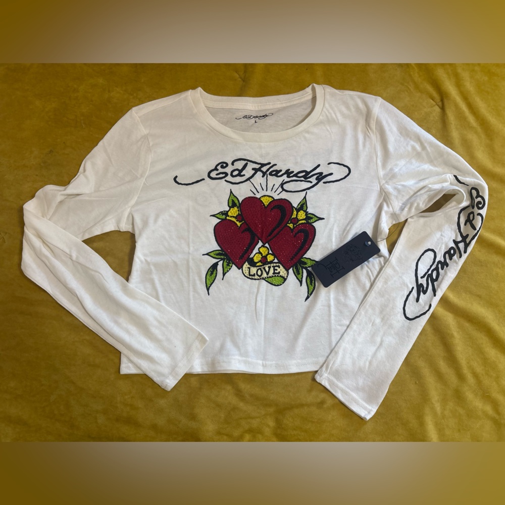 Ed Hardy long sleeved White cropped Tee! Size large NWT